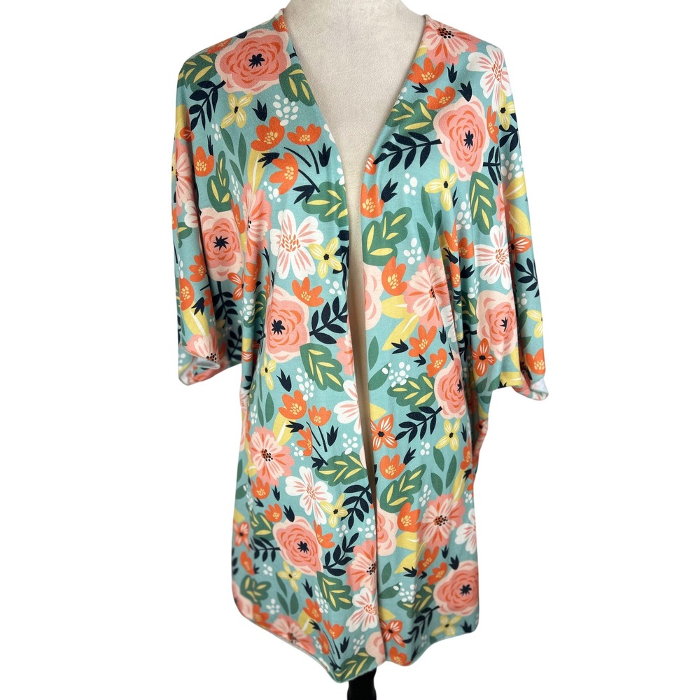 Tees2urdoor Kimono Mint Floral Open Front Cardigan Womens 2XL/3XL